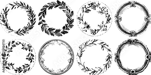 Elegant floral wreath frames in black and white. Decorative vector illustrations set for various design projects or templates.