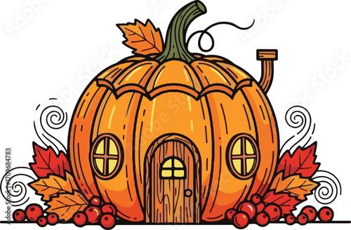 Whimsical pumpkin house with autumn leaves and berries for thanksgiving celebration