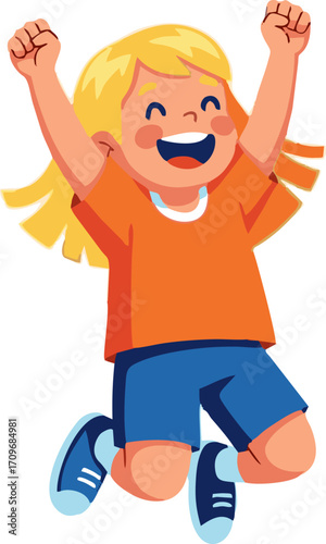 Joyful Child with Arms Raised in Celebration, Jumping with Excitement