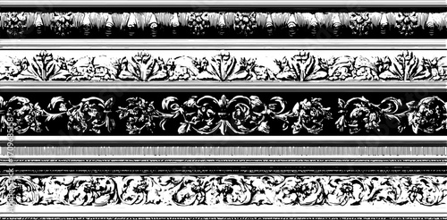 Floral border design in vintage style. Elegant black and white vector illustration with detailed patterns, perfect for decorative purposes.