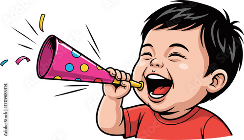 Joyful Toddler Blowing a Colorful Party Horn