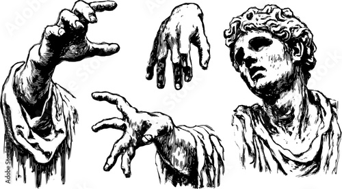 Illustration of hands and a head sculpture in black and white. Realistic and detailed vector art in classical style, highlighting artistic craftsmanship in a set format.