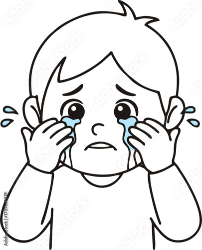 Sad Cartoon Boy with Tears and Covering Face