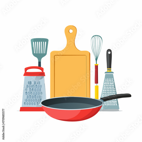 Kitchen utensil set. Frying pan, cutting board, grater, wok and other cooking tools, kitchenware collection. Vector illustration.