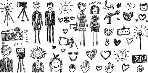 Camera and photographer vector illustrations featuring people smiling with hearts and hands. Simple, flat illustration set in black and white.