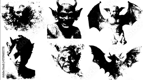 Demon figures with horns and bat-like wings. Dark vector illustration showcasing chaotic textures and unsettling elements in a graphic set.