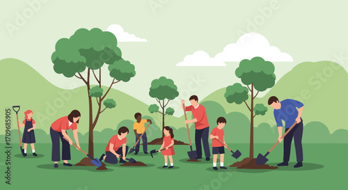 Community members are happily planting trees in a park on a sunny day.