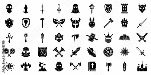 Collection of fantasy game icons featuring weapons armor shields magical items and mythical creatures