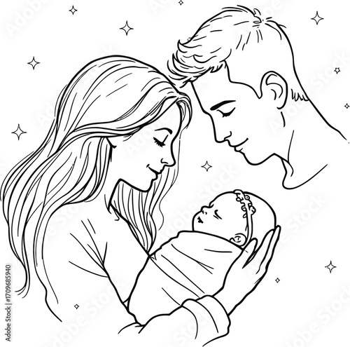 Tender Family Moment Vector — Black and White Line Art of Parents Holding Newborn Baby with Stars and Loving Expressions