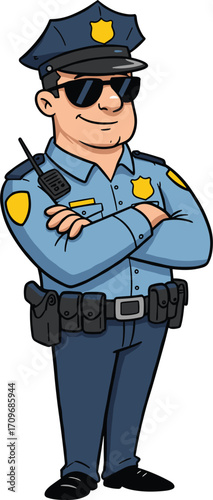 Cartoon police officer illustration, law enforcement character design, security guard mascot, policeman in uniform, safety concept, authority figure artwork