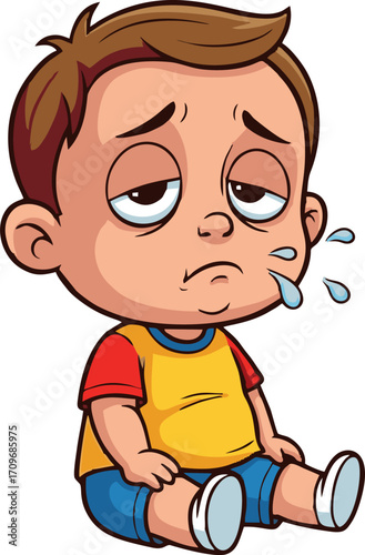 Sad Cartoon Toddler Boy Sitting Down, Drooling, Exhausted Expression