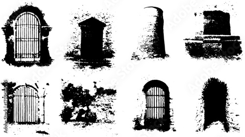 Set of black and white illustrations of doors and windows. Grunge texture in architectural design, vector illustration for historical context.