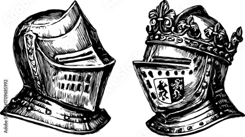 Medieval armor helmets illustrated in detailed vintage design. Vector illustration showcasing knight and monarch styles in a classic set.