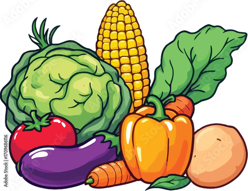 Colorful Vegetable Vector Set — Cartoon-Style Healthy Produce Including Corn, Tomato, Carrot, Cabbage, Eggplant, and More