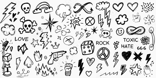 A collection of hand drawn black and white doodle icons representing rebellion love and danger