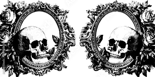 Classic skull illustration with floral elements in a decorative frame. Monochrome vector illustration showcases gothic details and intricate line work.
