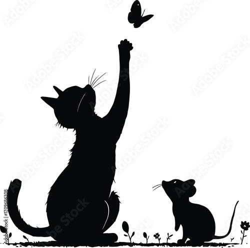 Animal Interaction Silhouette — Black Vector of Cat, Mouse, and Butterfly with Floral Accents in Whimsical Nature Scene