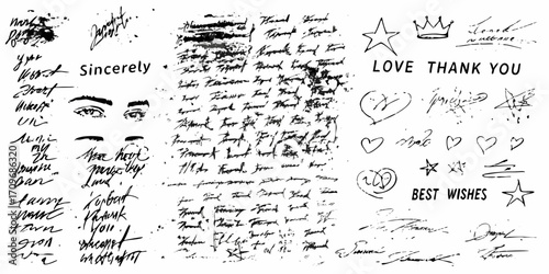 Collection of handwritten text signatures and graphic elements including eyes hearts stars and a crown