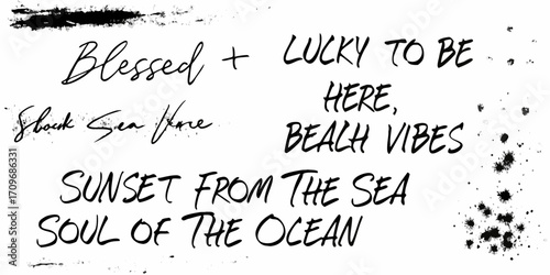 Blessed and lucky to be here beach vibes sunset from the sea soul of the ocean handwritten text
