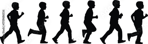 Child running silhouette, motion sequence illustration, athletic movement vector, dynamic stride pose, sports biomechanics concept, black figure animation frame,