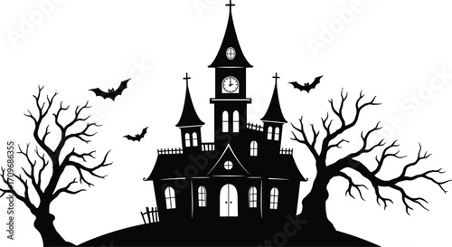 Spooky haunted house with clock tower, bare twisted trees, flying bats, dark silhouette Halloween scene, eerie atmosphere vector illustration.