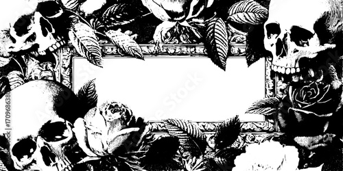 Skull and rose decorative illustration in black and white. Vintage artwork suitable for graphic design, featuring a vector set with botanical elements.