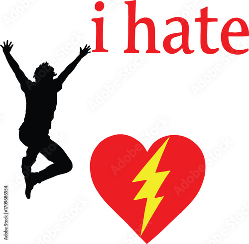 Emotional Contrast Vector — Silhouette of Jumping Figure with Broken Heart and “I Hate” Text in Bold Red and Yellow Design