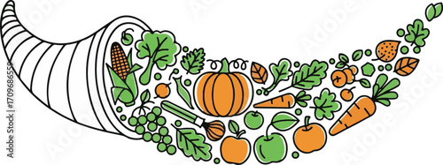 Cornucopia overflowing with harvest fruits vegetables autumn symbols for thanksgiving celebration