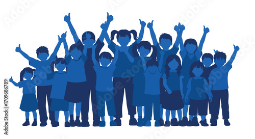 A diverse group of happy children raising their hands in excitement and joy.