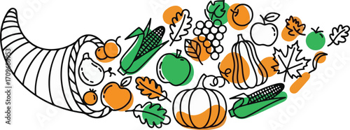 Cornucopia overflowing with harvest vegetables fruits and autumn leaves celebrating thanksgiving