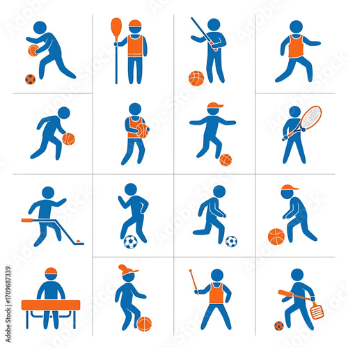 Blue and orange stick figures playing diverse sports - basketball, soccer, tennis, rowing, hockey, golf.