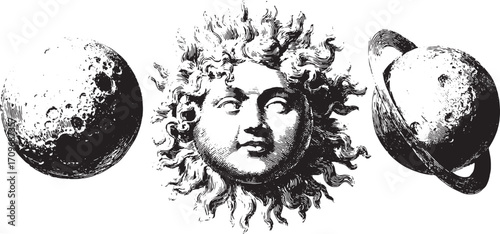 Celestial objects: a sun and moon illustration in vintage engraving style. Detailed line vector artwork representing astronomy.