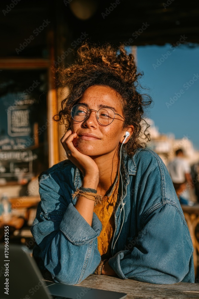 Fototapeta premium Young woman working on laptop in cafe during sunset