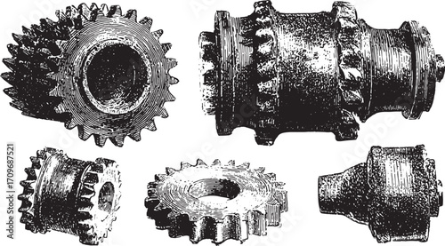 Vintage gears in detailed line drawing style. This technical vector illustration showcases mechanical equipment in black and white.
