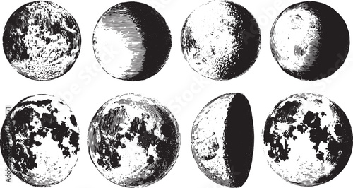 Engraved moons in a vintage style. Black and white vector illustration set showing detailed circular designs of celestial bodies.