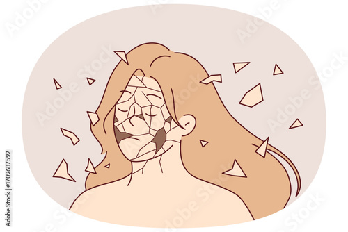 Problems of psychological disintegration in woman, with face falling apart into fragments due to severe stress. Girl suffers from psychological collapse and needs help of psychotherapist