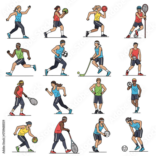 Diverse Athletes - Women in Various Sports Poses, Vector Illustration.
