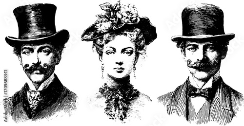 Engravings of male and female portraits in vintage style. Detailed line drawings feature hats and formal clothing in a monochrome vector illustration.