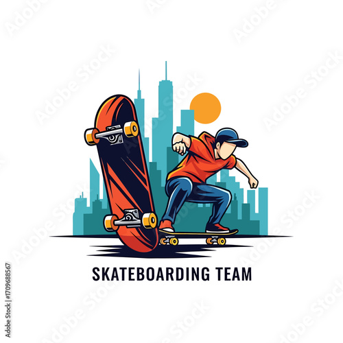 Dynamic cartoon skateboarder with red board, wearing cap, performing trick against city skyline.