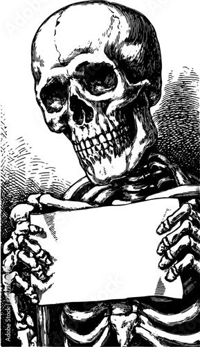 Skeleton outline with skull, presented in vintage black and white style. Vector illustration emphasizes clarity and detail in an artistic manner.