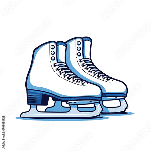 Pair of White Ice Skates with Blue Accents, Laced and Ready for Skating.