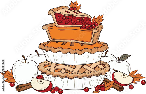 Delicious thanksgiving pie stack with apples cranberries and cinnamon sticks autumn harvest festive