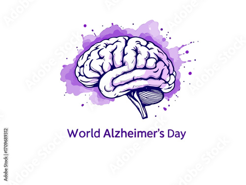 Minimalist vector of a human brain with purple splash and World Alzheimer’s Day text, perfect for health awareness, medical campaigns, and Alzheimer support visuals