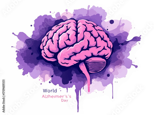 Minimalist vector of a human brain with purple splash and World Alzheimer’s Day text, perfect for health awareness, medical campaigns, and Alzheimer support visuals