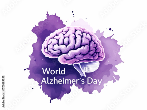 Minimalist vector of a human brain with purple splash and World Alzheimer’s Day text, perfect for health awareness, medical campaigns, and Alzheimer support visuals