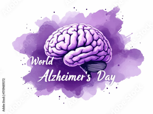 Minimalist vector of a human brain with purple splash and World Alzheimer’s Day text, perfect for health awareness, medical campaigns, and Alzheimer support visuals