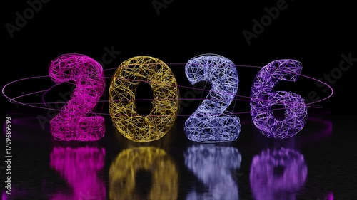 Glowing neon light threads form the date 2026. Pulsating abstract animation of the New Year on a black background with a reflective surface. 3D rendering for holiday event or futuristic background