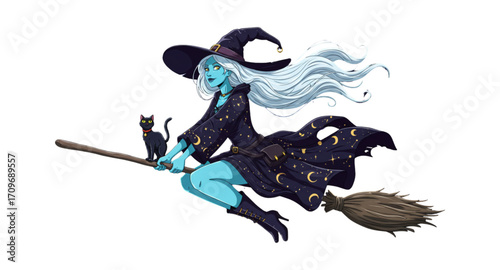halloween witch flying on broom