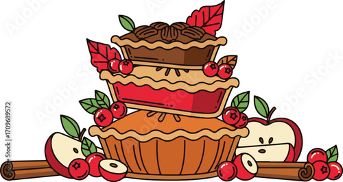 Delicious stack of autumn pies apples and cinnamon sticks celebration food
