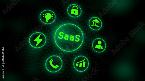 Neon Green Saa S Icons in a Circle with Central Text on Dark Grid Background SaaS software as a service